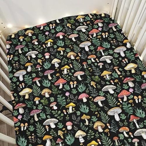 Colorful Mushrooms Green Leaves Baby Crib Sheets for Boy Girl 28"x52" Fall Mushroom Soft Stretchy Fitted Crib Mattress Cover Autumn Baby Sheet for Standard Crib & Toddler Mattress Pad