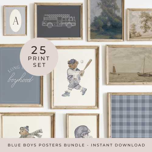 Blue Boy Gallery Wall Set of 25 Prints Blue Sports Poster Vintage Blue Baby Boy Nursery Print Set Big Boy Room Art Muted Boy Playroom Decor