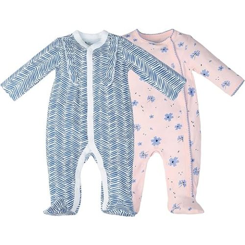 100% Cotton Baby Girls Footies Set of 2, 0-12 Months Long Sleeve Soft and Comfortable Toddler Girls' Footed