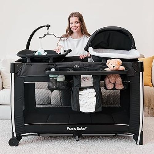 Pamo Babe 4 in 1 Portable Playard with Changing Table Deluxe Nursery Center with Infant Bassinet