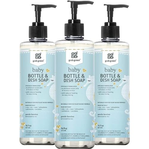 Grab Green Baby Bottle and Dish Soap, 16 Ounce (Pack of 3), Gentle Bamboo Scent, Plant and Mineral Based, Eliminates Breast Milk and Formula Residue, Easy Rinsing