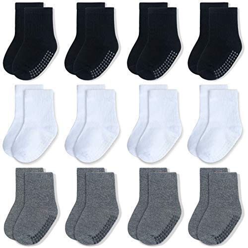 JAKIDAR 12 Pack Baby Socks Cotton Crew Toddler Socks Grips Non Slip Bottom Kids Socks