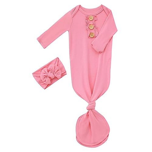 Newborn Baby Girls Knotted Gown Headbands Set Soft Viscose from Bamboo Infant Sleeper Baby Sleep Gown with Mittens