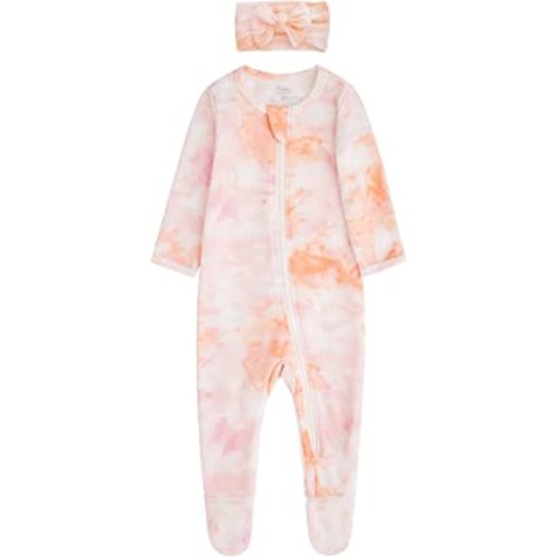 O2 BABY Baby Girls Footed Pajamas Organic Cotton Zip Footed Sleepers, Baby Footed Sleep 'n Play with Headband