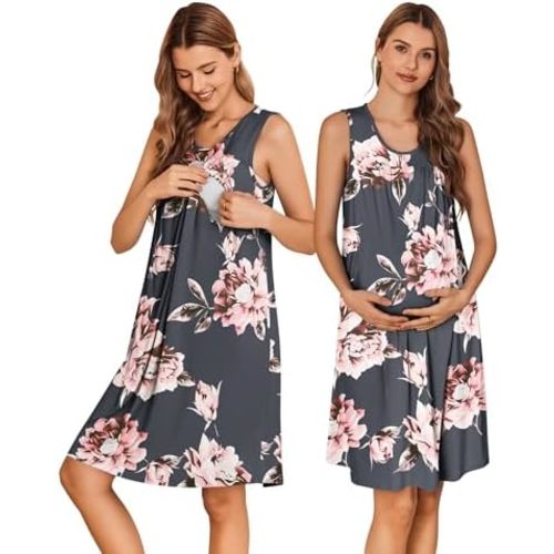 Ekouaer Maternity Nursing Dress Nightgown Labor and Delivery Gown Sleeveless Pregnancy Breastfeeding Dresses