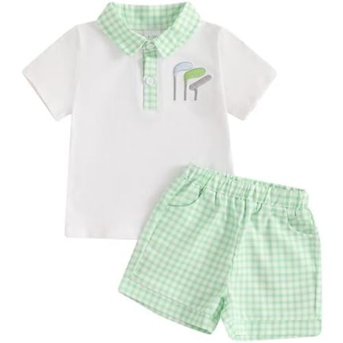 Toddler Baby Boy Summer Clothes Golf Embroidery Short Sleeve Collared Polo T Shirt Plaid Shorts Set Cute Outfits
