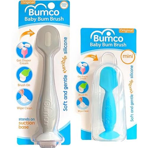 Bumco Baby Bum Brush + Mini Diaper Cream Spatula with Case - BPA-Free Butt Spatula Baby, Soft Diaper Spatula, Baby Diaper Cream Applicator, Mom-Invented Diaper Bag Essentials, Butt Spatula