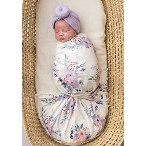 Terriboo Newborn Receiving Blanket and Headband Beanie Set Flower Print Baby Swaddle Wrap Floral (Purple)