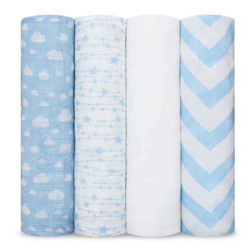 Muslin Swaddle Blankets, 4 Pack by Comfy Cubs - Blue