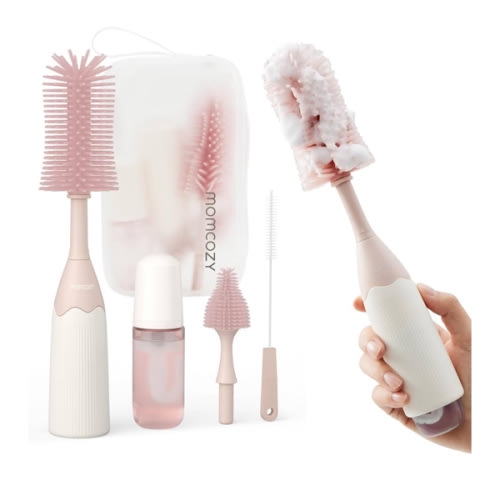 Momcozy Bottle Brush Kit, Innovative Push-Press Design for Better Cleaning - Baby Bottle Cleaner Brush for Baby Bottle, Breast Pumps, Nipples, and More - Can Generate Foam for Better Cleaning, Pink