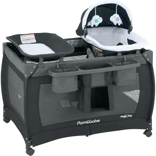 Pamo Babe Playard Magic Fold Playpen Foldable Playard for Baby Portable Playpen Deluxe Nursery Center with Newborn Bassinet Infant Bassinet Diaper Changer