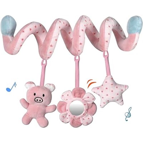 Car Seat Toys,Spiral Stroller and Carseat Hanging Toys Babies 0-6 Months,Crib/Bassinetr Infant Toys with Mirror BB Squeaker and Rattles (Cute Pink Pig)