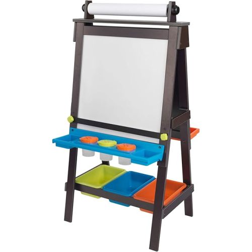 KidKraft Wooden Storage Easel with Dry Erase and Chalkboard Surfaces, Children's Art Furniture - Espresso, Gift for Ages 3+