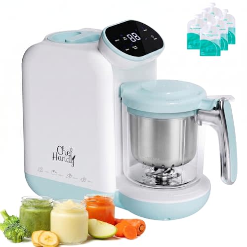 Chefhandy Baby Food Maker with Stainless Steel Steam Basket, One-Step Baby Food Processor Steamer Blender Puree Maker, Auto Steam & Blend for Homemade Baby Food, Includes 6 Reusable Food Pouches