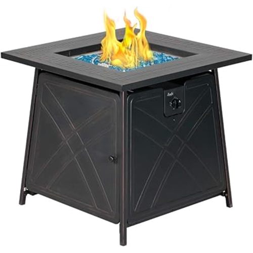 BALI OUTDOORS Gas FirePit Table, 28 inch 50,000 BTU Square Outdoor Propane Fire Pit Table with Lid and Blue Fire Glass