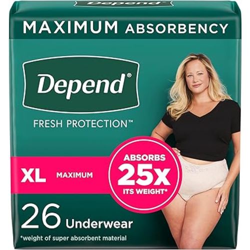 Depend Fresh Protection Adult Incontinence & Postpartum Bladder Leak Underwear for Women, Disposable, Maximum, Extra-Large, Blush, 26 Count, Packaging May Vary