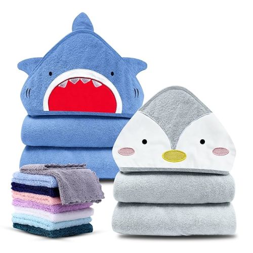 Cute Castle 2 Pack Hooded Baby Towel Rayon Made from Bamboo with 8 Washcloths - Soft Bath Towel for Bathtub for Babie, Newborn, Infant - Ultra Absorbent, Natural Baby Stuff Towel (Shark and Penguin)