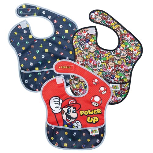 Bumkins Nintendo Bibs for Girl or Boy, SuperBib Baby and Toddler 6-24 Months, Essential Must Have for Eating, Feeding, Baby Led Weaning, Mess Saving Waterproof Soft Fabric, 3-pk Super Mario Power Up