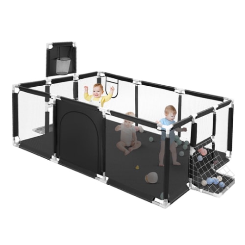 Baby Playpen,71 Inch Extra Large Baby Playard With Basketball Hoop and Breathable Mesh,Children Kids Play Fence for Indoors Outdoors,Gray