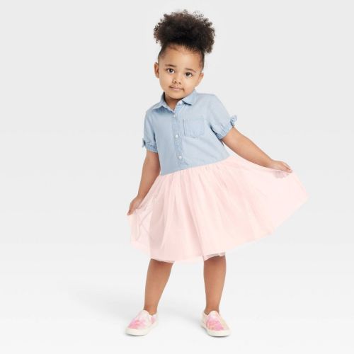 OshKosh B'gosh Toddler Girls' Chambray Short Sleeve Tulle Dress - Light Pink/Blue Denim, Size: 12M