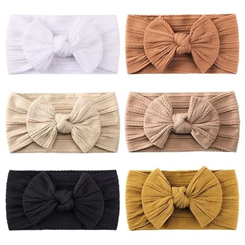 jollybows 6pcs Baby Nylon Headbands Hair Bow Elastics Hairbands Hair Accessories for Baby Girls Newborn Infant Toddlers Kids (Natural colors)