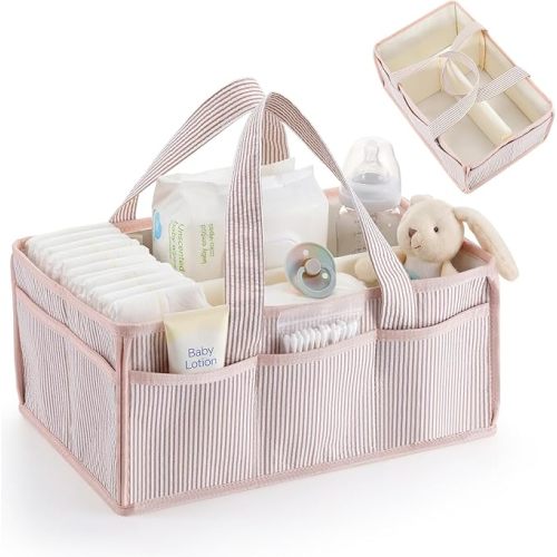 Huhumy Baby Diaper Caddy, Stripe Diaper Caddy Storage Organizer, Stylish Large Tote Bag for Newborn Essentials Nursery Storage Boy or Girl, Gift for Baby Shower and Registry Must-Have (Khaki)