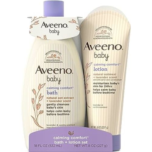 Aveeno Baby Calming Comfort Bath & Lotion Set, Nighttime Baby Skin Care Products with Natural Oat, Lavender & Vanilla Scents, Paraben-, Phthalate- & Phenoxyethanol-Free, 2 Items