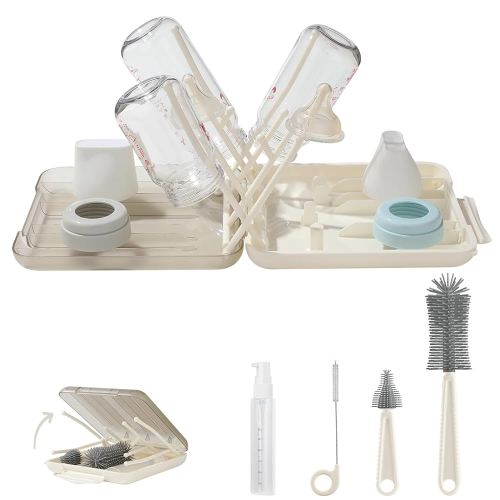 6 in 1 Cleaning Brush Set with Silicone Bottle, Nipple, Straw, Soap Dispenser, Drying Rack for Baby and Water Bottles, Space Saving Essentials for Home and Travel