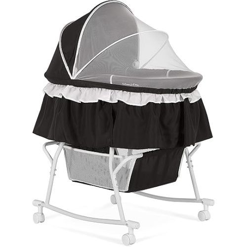 Lacy Portable 2-in-1 Bassinet & Cradle in Black, Lightweight Baby Bassinet with Storage Basket, Adjustable and Removable Canopy