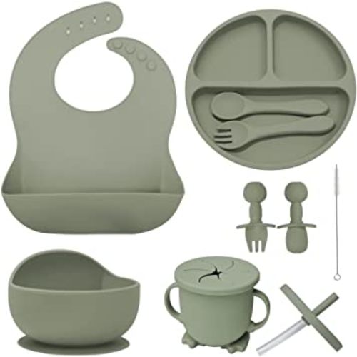 10 Piece Baby Feeding Set | 100% Food Grade Silicone | Non Slip | Suction Bowl and Plate | Self Feeding Utensils | Led Weaning Supplies | Microwave and Dishwasher Safe | 6+ Months