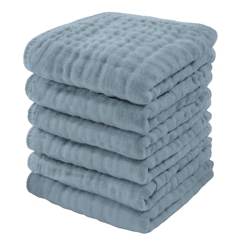 Comfy Cubs Muslin Baby Washcloths 6 Pack - Soft 6-Layer Cotton Wash Cloths for Sensitive Skin - 10"x10" Large, Gentle, Absorbent Infant Essentials for Newborn and Toddlers - (Pacific Blue)