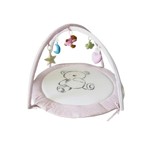 LULLABY COTTON Baby Play Gym Mat & Activity Mat - 100% Cotton Soft Playmat with 6 Detachable Toys for Tummy Time, Machine Washable, Sensory Development Gift (Pink Bear)