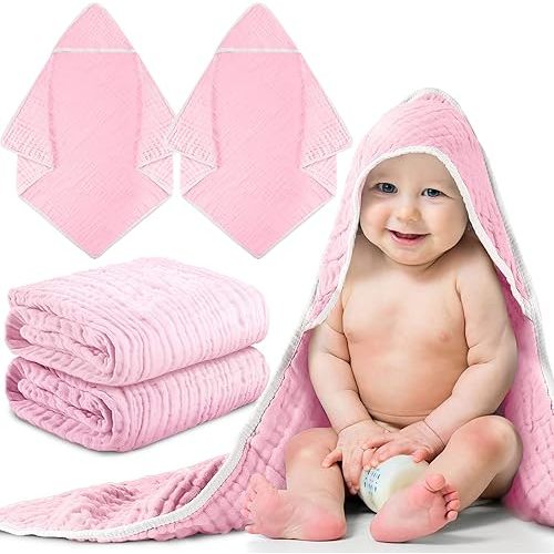 2 Pieces Hooded Baby Towels for Newborn Girls Boys 32"x 32" Cotton Infant Bath Towel Absorbent Unisex Hooded Blankets for Babies Toddler, Newborn Registry Baby Gift (Pink)