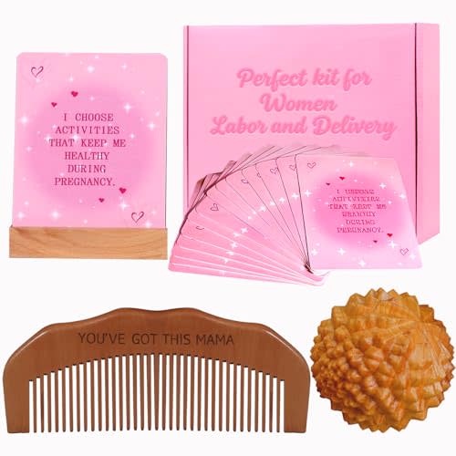 Labor Comb Acupressure Massage Ball Affirmation Cards Set - Wooden Birth Comb&Ball for Natural Labor, Pregnancy Affirmation Cards To Inspire & Empower Your Pregnancy Journey,Pregnancy Gifts for Mom