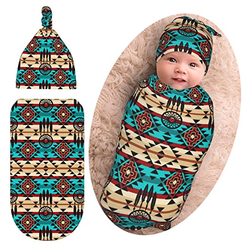 Western Baby Stuff Aztec Navajo Newborn Baby Swaddle Blanket Native American Baby Wrap Sleep Sack Soft Silky with Beanie Hat for Boys Girls Infant