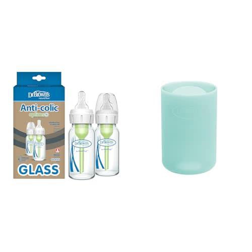 Dr. Brown's Natural Flow Anti-Colic Options+ Narrow Glass Baby Bottle 4 oz/120 mL & Natural Flow Options+ Glass Baby Bottle Sleeves,100% Silicone,4 oz,Narrow,Mint