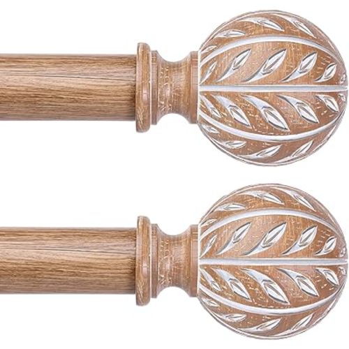 2 Pack Boho Wood Curtain Rod, Decorative Curtain Rods for Windows 30 to 56 Inch with Handmade Wood Grain Leaf Finials, 1 Inch Adjustable Heavy Duty Rustic Window Treatment Rods, Easy Install