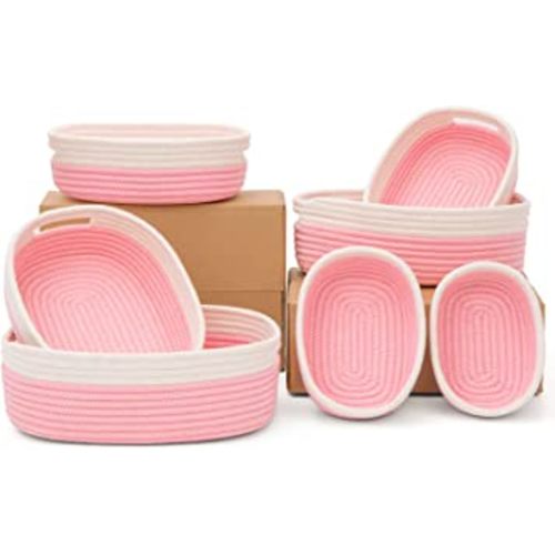 HLWDFLZ 7 Piece Cotton Rope Woven Basket Set - Woven Storage Basket Pets Toy Cotton Rope Basket for Organizing, Small Basket for Montessori, Dog Cat Toy Box, Baby Nursery (Off White/Pink)