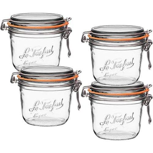 Le Parfait Super Terrine Jar | 16oz/ Pint (Pack of 4) 500ml French Glass Jar, Airtight Rubber Seal & Glass Lid | Glass Jars for Kitchen Organization and Storage Containers for Kitchen Essentials