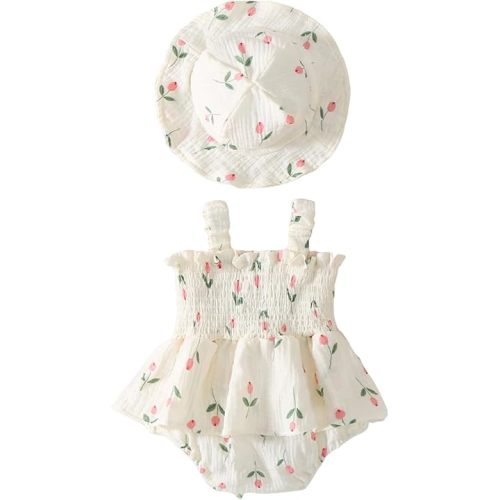 Mubineo Baby Girl Clothes Summer Dress Cotton Linen Romper Sleeveless Smocked Rompers Sun Dress Hat Skirt Boho Outfits
