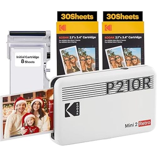 KODAK Mini 2 Retro 4PASS Portable Photo Printer (2.1x3.4 inches) Initial 8 Sheets + 60 Sheets Bundle, White