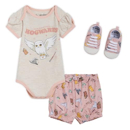 Harry Potter Baby Bodysuit, Shorts and Shoes 3 Piece Outfit Set Newborn to Infant Sizes (0-3 Months - 24 Months)