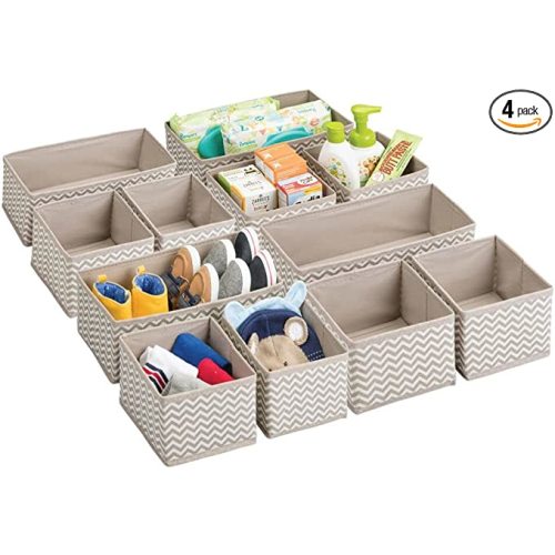 mDesign Fabric Drawer Divider Organizer Bin, Nursery/Bedroom Dresser, Closet, Shelf, Playroom Organization, Hold Clothes, Toys, Diapers, Bibs, Spira Collection, Set of 3, 4 Pack, Taupe/Natural Chevron