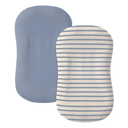 Muslin Baby Lounger Cover 2 Pack, 100% Cotton Soft & Breathable Infant Replacement Slipcover, Compatible with Snuggle Me Newborn Lounger (Tradewinds,Blue Stripe)