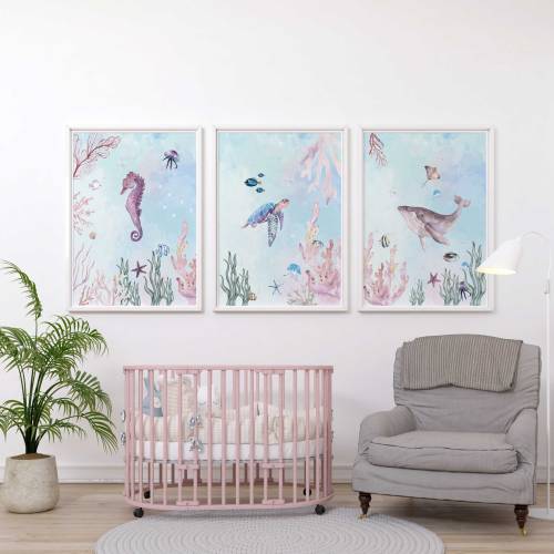 Under the sea nursery wall art prints | Ocean animal nursery decor | Sea animal nursery decor | Set of three nursery prints | girl nursery