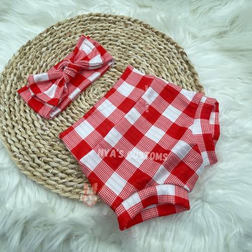 High waisted red and white checked bummies, toddler red diaper cover, baby girl bummies, checkered headband, checke bloomers, baby headband