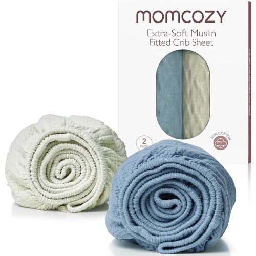 Momcozy Muslin Mini Crib Sheets Fitted - 38''x26'' Pack and Play Sheets for Pack N Play Mattress, 2 Pack Soft & Breathable Natural Cotton Non Slip Bed Cover for Boys, Girls, Grey Blue