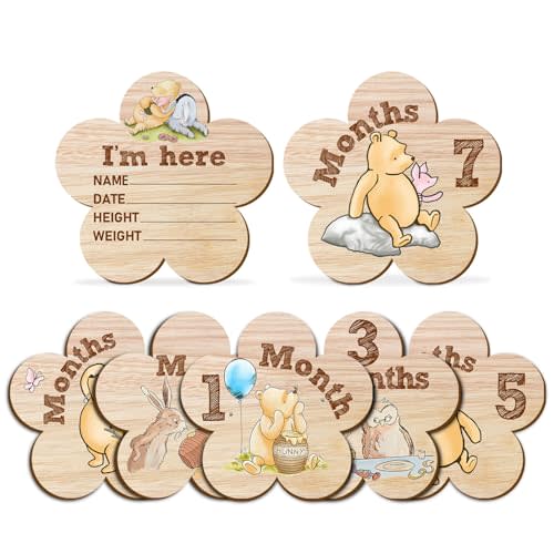 7Pcs Winnie Baby Monthly Milestone Sign, Baby Stuff for Baby Shower, Double-Sided Printing Months Baby Milestone Wooden Keepsake, Flower Shape Milestone Wooden Stuff for Documenting Growth