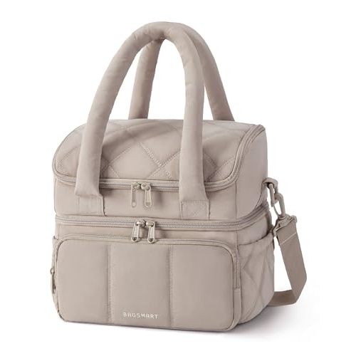 BAGSMART Lunch Bag Women, Double Deck Insulated Lunch Box, Quilted Puffer Lunch Tote, Leakproof, Durable & Reusable Large Lunch Cooler For Work Picnic Travel Meal Prep, Camel
