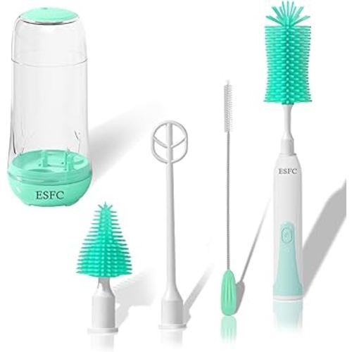 Portable Electric Baby Bottle Brush Set with Electric Bottle Brush,Nipple/Straw Brush,Milk Frother and Drying Base,Waterproof IPX7,Rechargeable Travel Bottle Cleaning Kit,Green